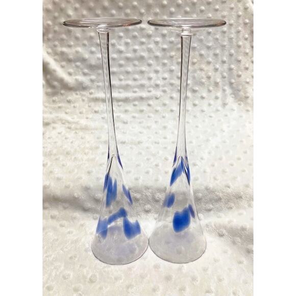 Crystal Hand-Blown Champagne Flutes w/Cobalt Blue Confetti Spots - Picture 2 of 6
